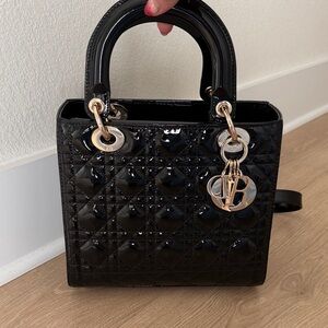 Lady D Black Patent Shoulder Bag with Gold Hardware and Strap